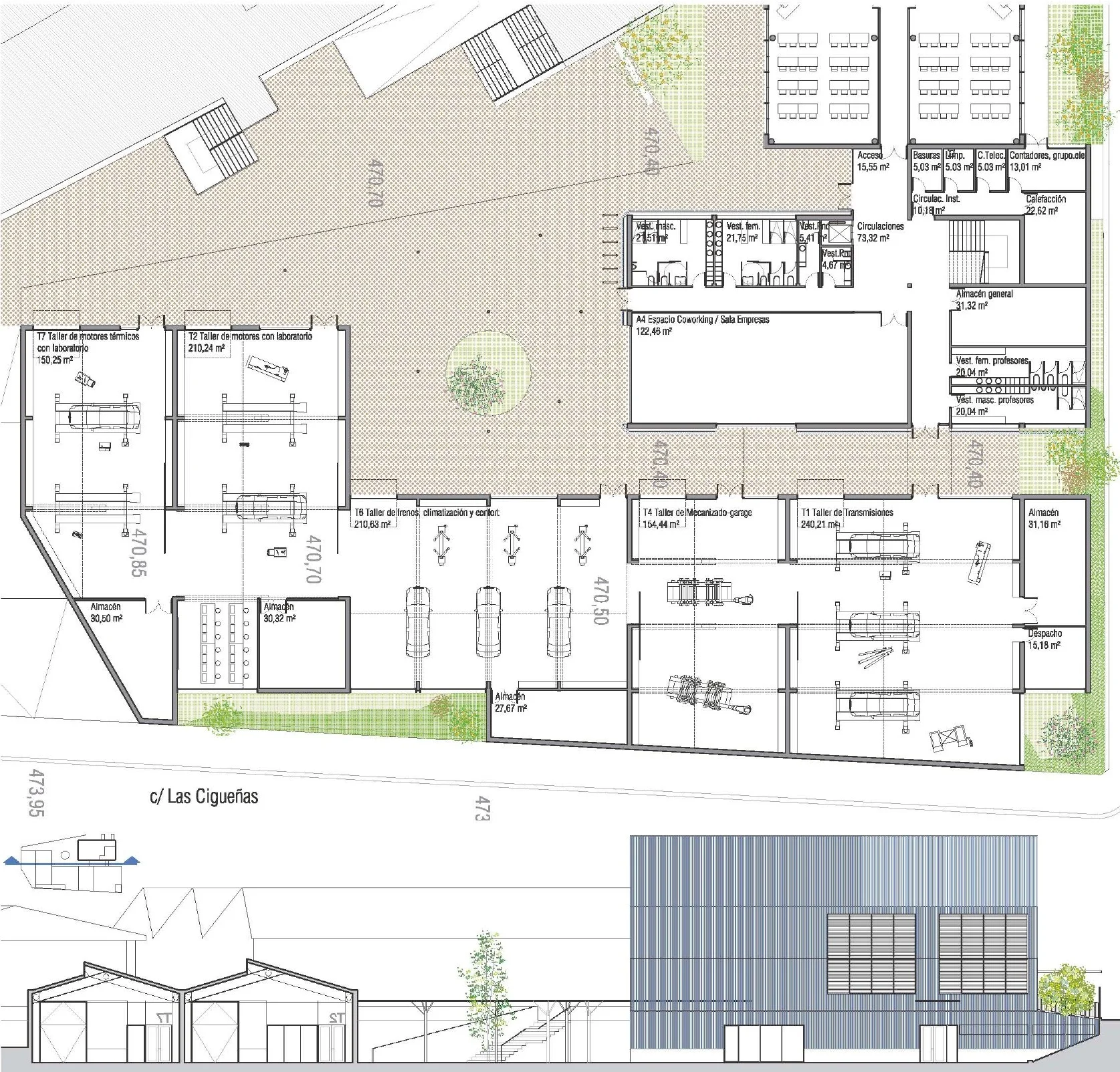 Composición de planos arquitectónicos con distribución general en planta baja y vista de alzado.